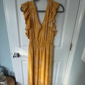 Express yellow long dress, size Medium, v-neck, ruffle sleeves & ruffle bottom